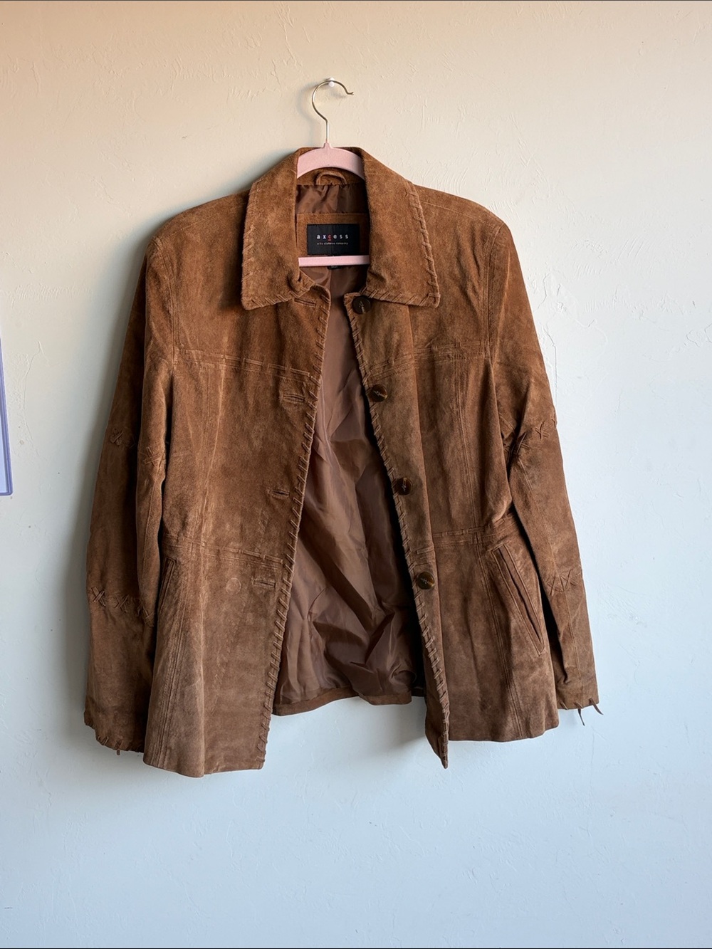 Axcess Liz Claiborne Large Brown Suede Leather Whipstitch Boho Jacket